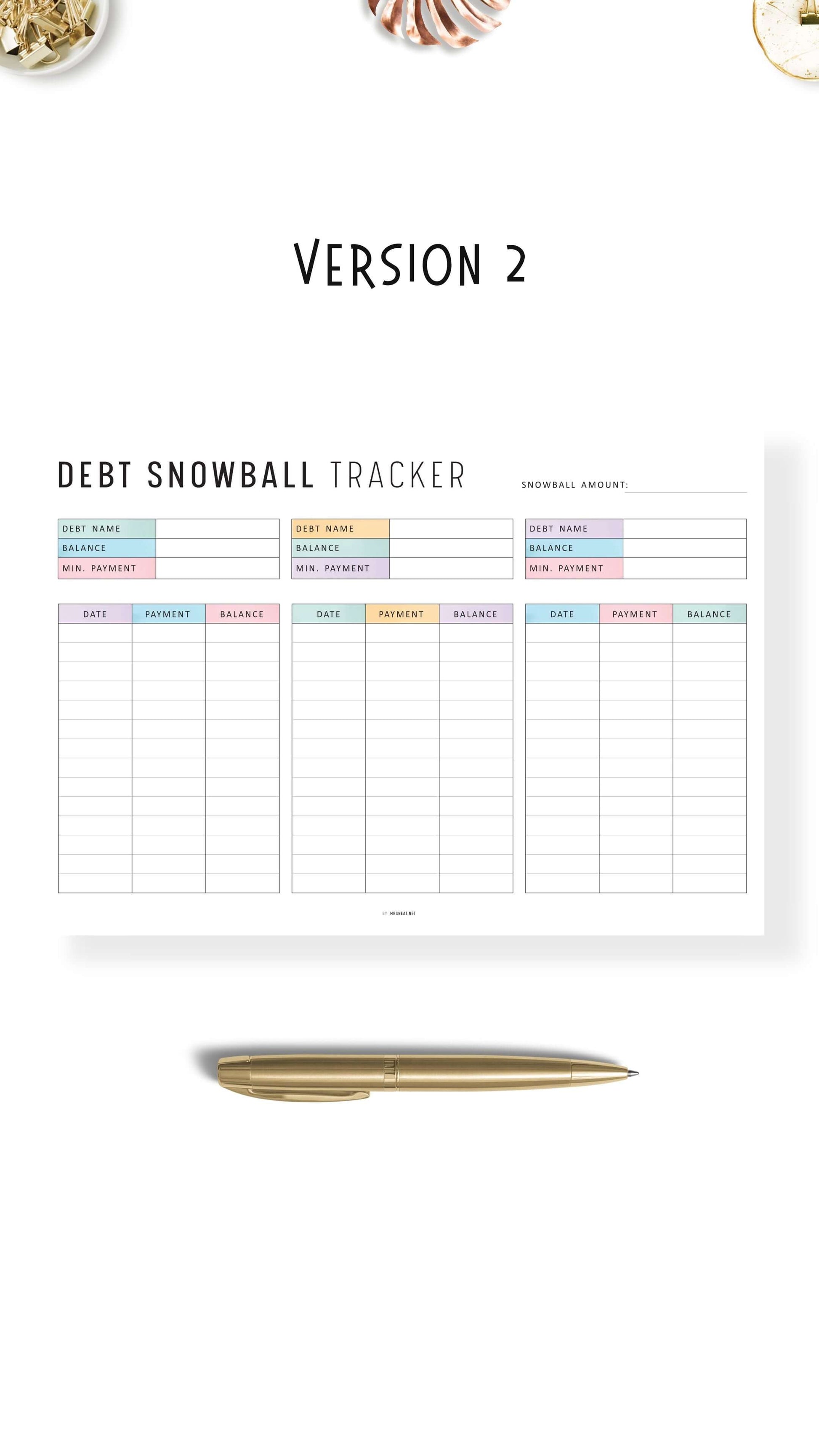 Debt Snowball Tracker Template Printable, Debt Payment Tracker Landscape, A4, Letter, Minimalist Version, Colorful version, PDF, 3 debts in one page, Digital Debt Planner