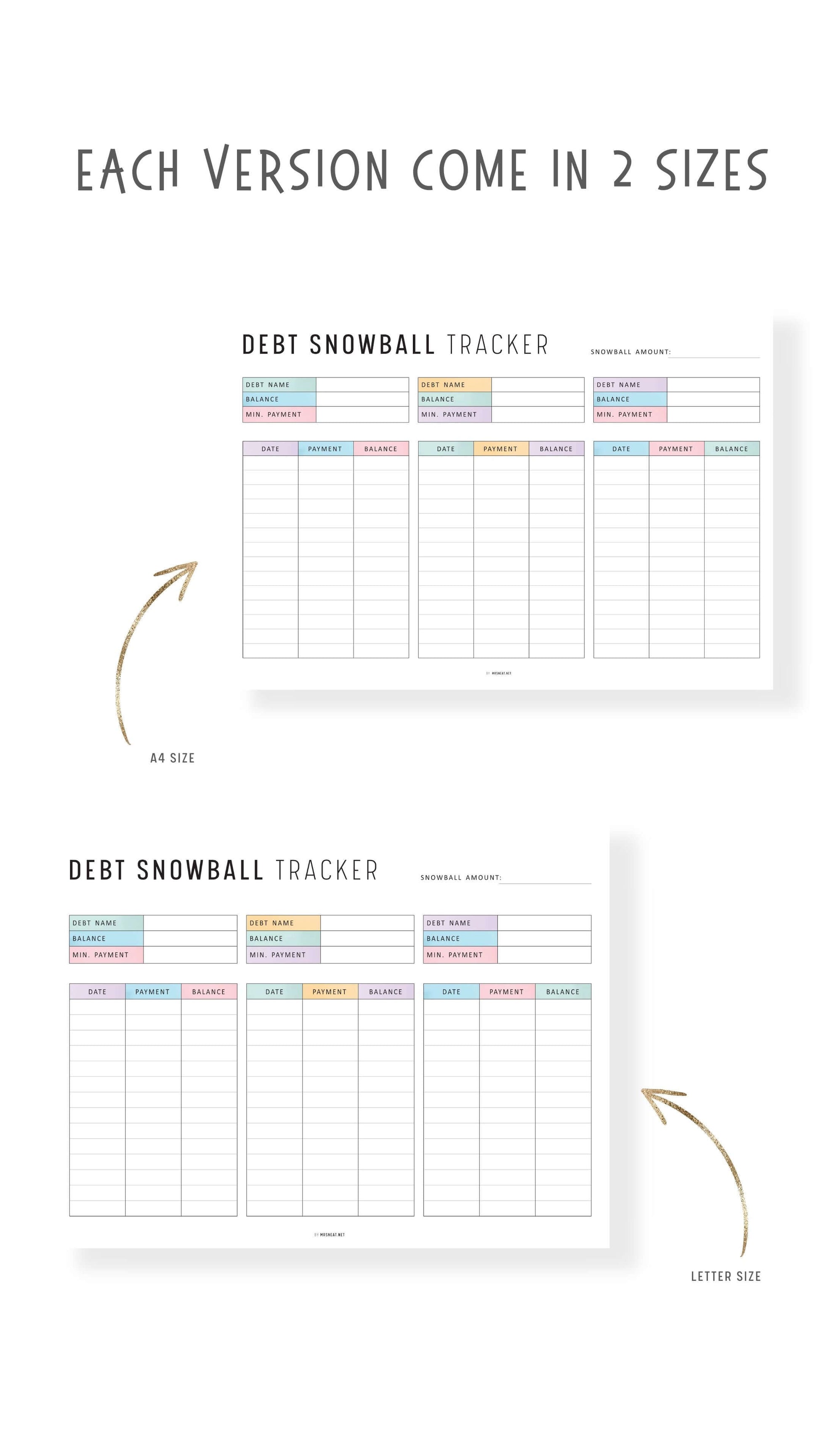 Debt Snowball Tracker Template Printable, Debt Payment Tracker Landscape, A4, Letter, Minimalist Version, Colorful version, PDF, 3 debts in one page, Digital Debt Planner