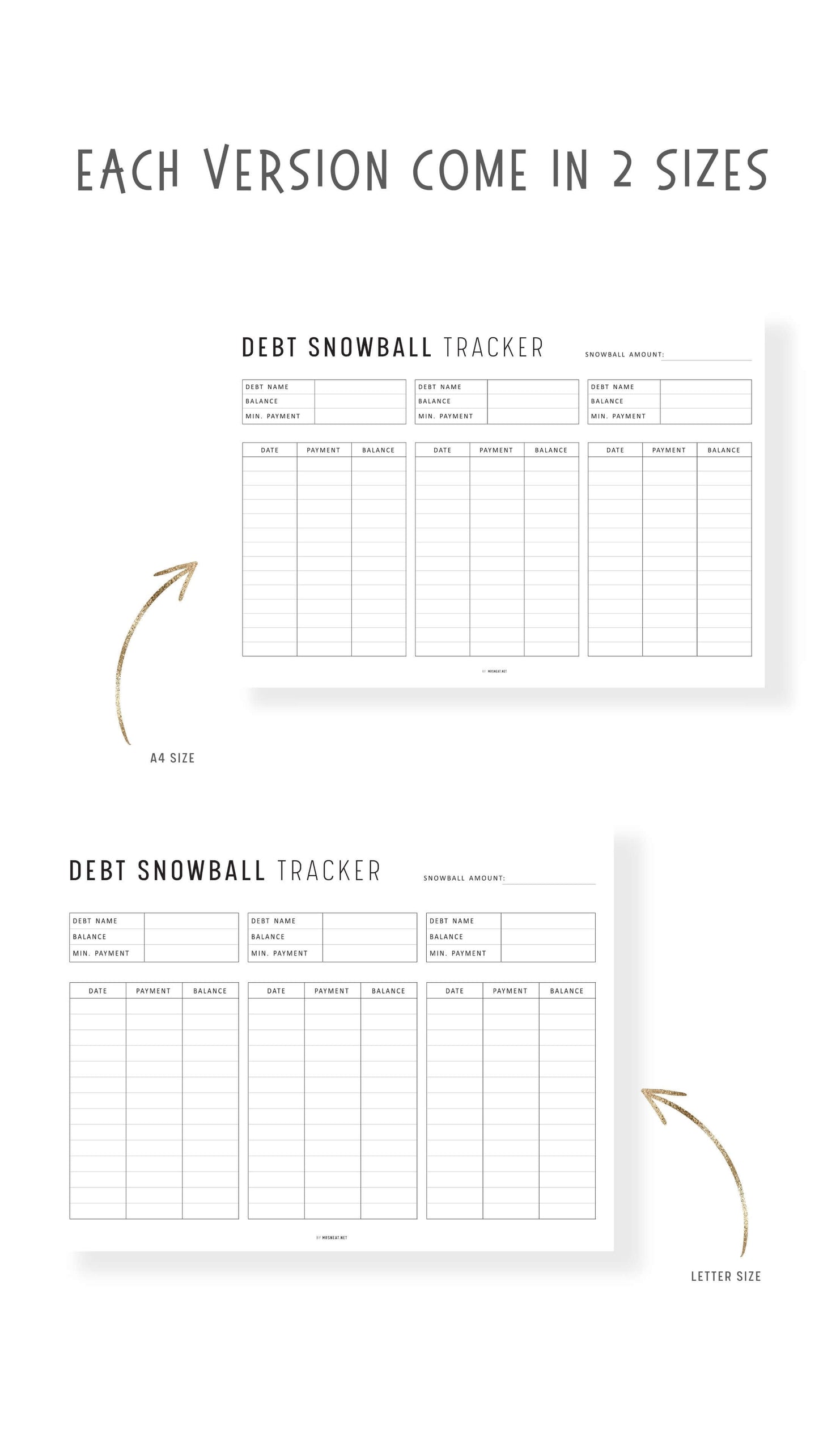 Debt Snowball Tracker Template Printable, Debt Payment Tracker Landscape, A4, Letter, Minimalist Version, Colorful version, PDF, 3 debts in one page, Digital Debt Planner
