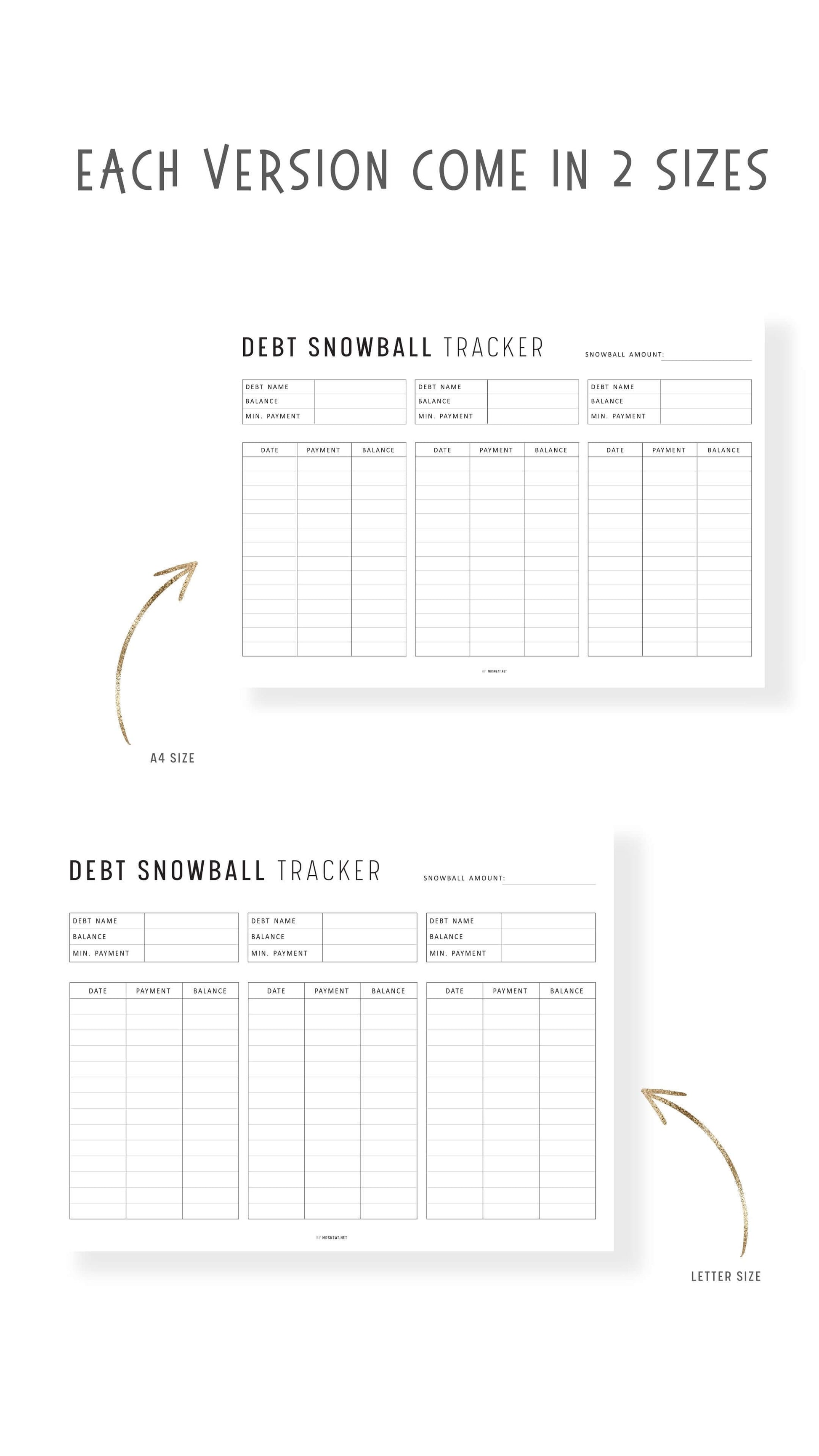 Debt Snowball Tracker Template Printable, Debt Payment Tracker Landscape, A4, Letter, Minimalist Version, Colorful version, PDF, 3 debts in one page, Digital Debt Planner