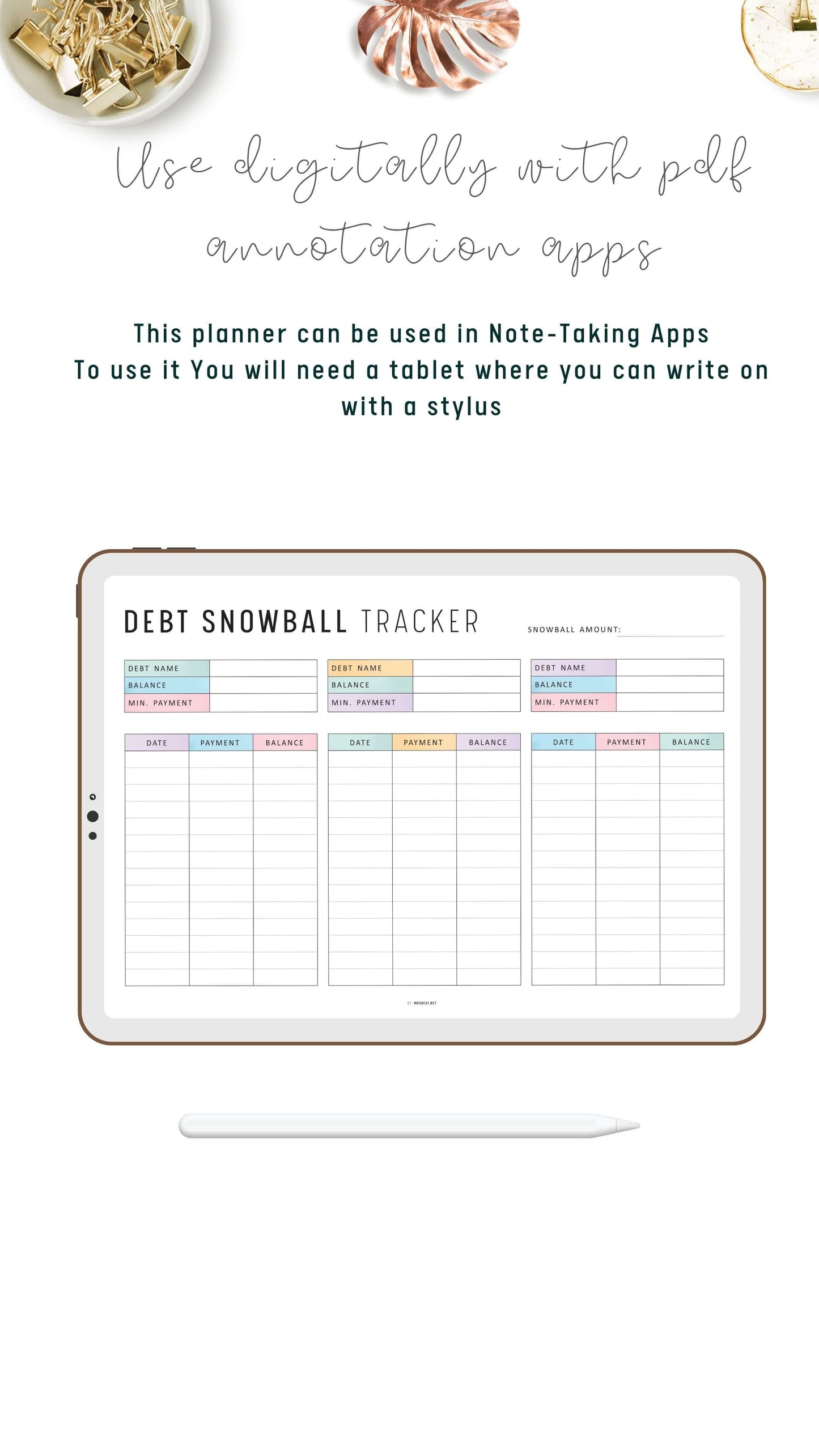 Debt Snowball Tracker Template Printable, Debt Payment Tracker Landscape, A4, Letter, Minimalist Version, Colorful version, PDF, 3 debts in one page, Digital Debt Planner