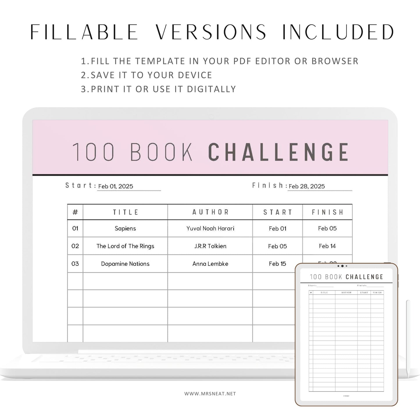 100 Book Challenge Printable, Reading Challenge, Fillable Reading Tracker, Reading Journal, 2 Pages, 5 Colors, A4, A5, Letter, Half Letter