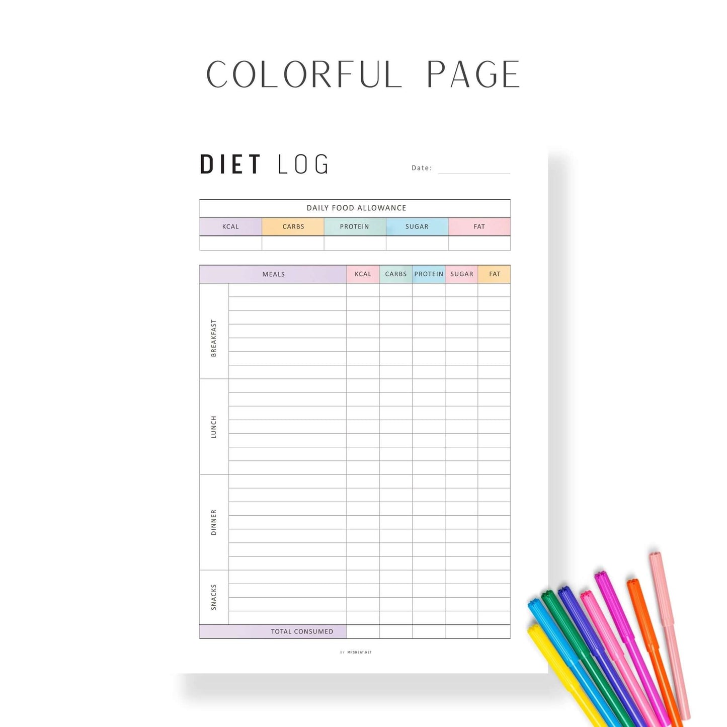 Food Diary Calorie Counting Template PDF, Diet Log Journal, Fillable Food Diary, A4, A5, Letter, Half Letter, Colorful Page