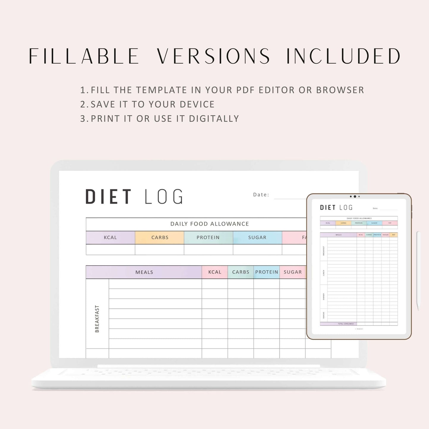 Food Diary Calorie Counting Template PDF, Diet Log Journal, Fillable Food Diary, A4, A5, Letter, Half Letter, Colorful Page