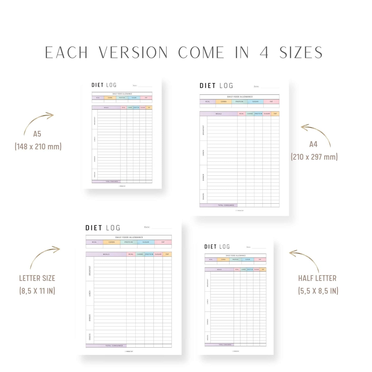 Food Diary Calorie Counting Template PDF, Diet Log Journal, Fillable Food Diary, A4, A5, Letter, Half Letter, Colorful Page