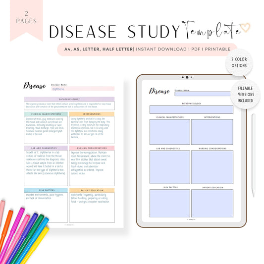 Disease Study Printable, A4, A5, Letter, Half Letter, Fillable versions, PDF, Printable Inserts, 2 versions