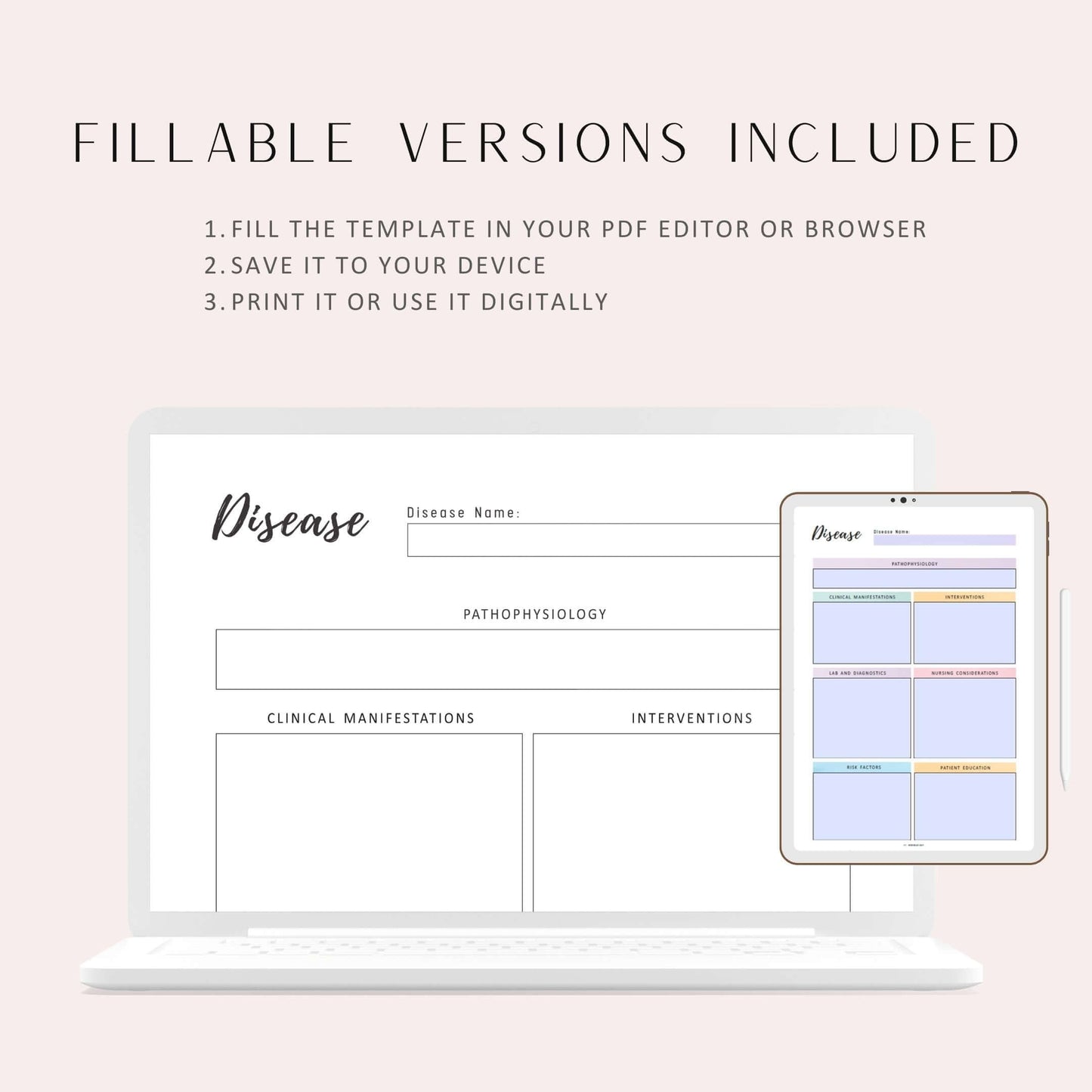 Disease Study Printable, A4, A5, Letter, Half Letter, Fillable versions, PDF, Printable Inserts, 2 versions