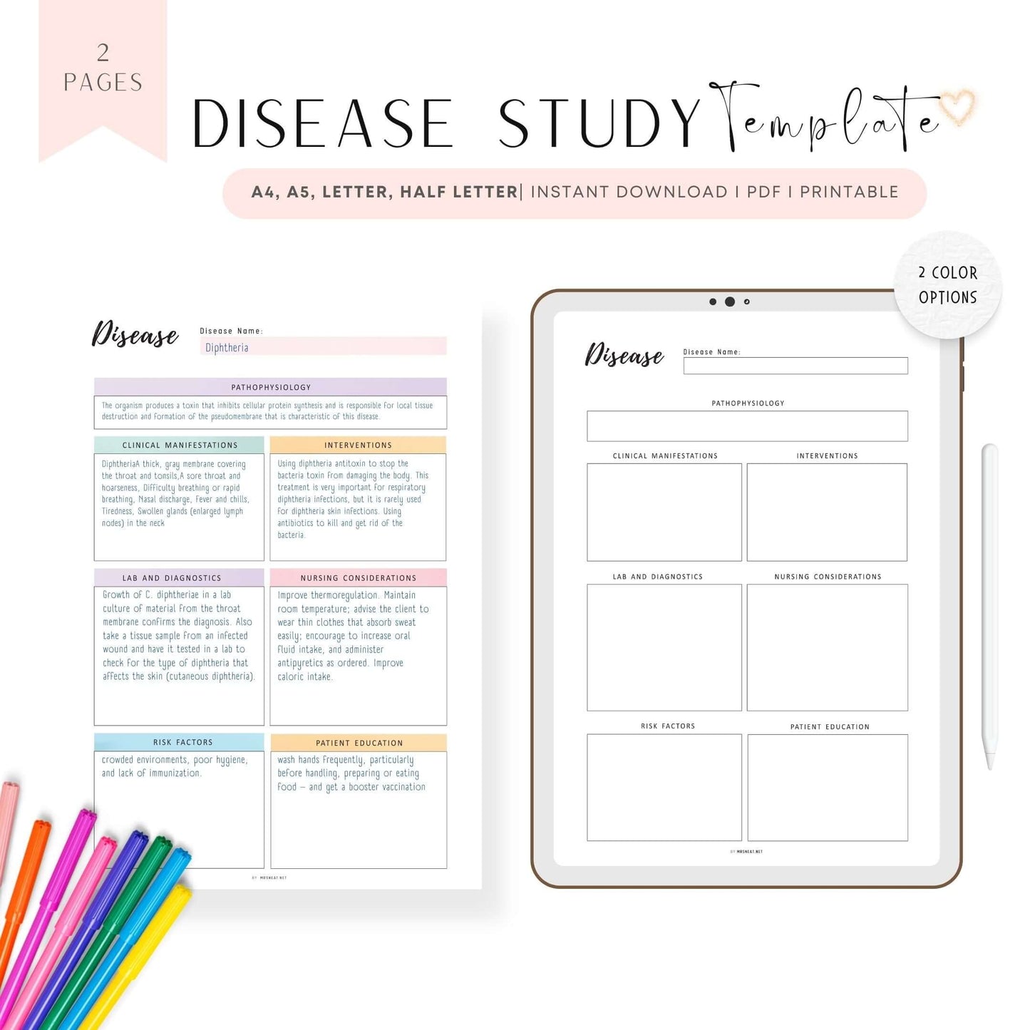 Disease Process Study Template Printable, Nursing Notes PDF, 2 colors