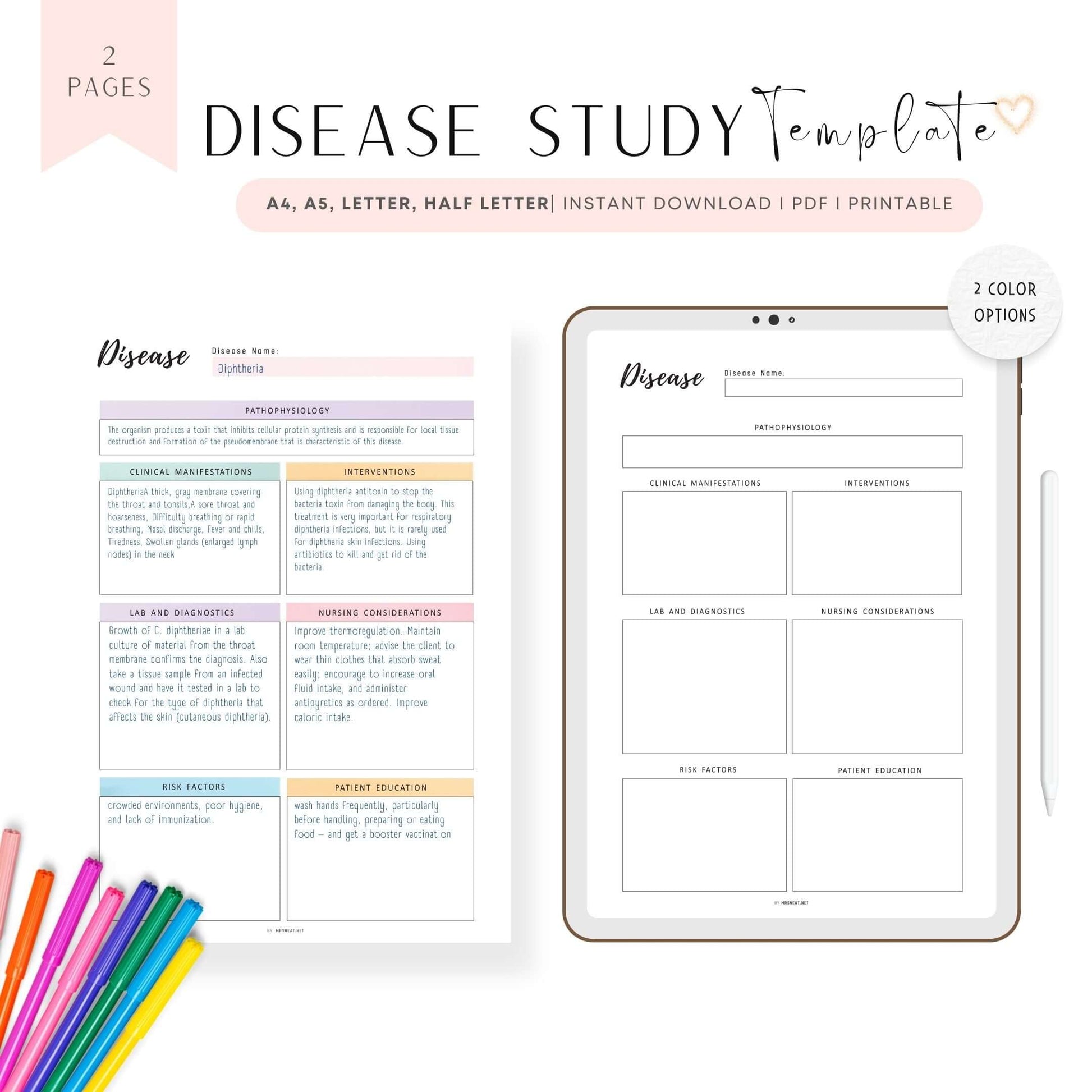 Disease Process Study Template Printable, Nursing Notes PDF, 2 colors