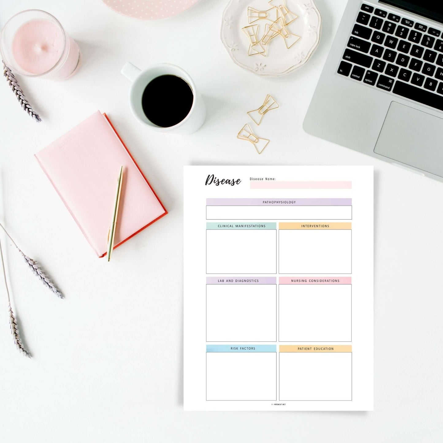 Disease Process Study Template Printable, Nursing Notes PDF, 2 colors