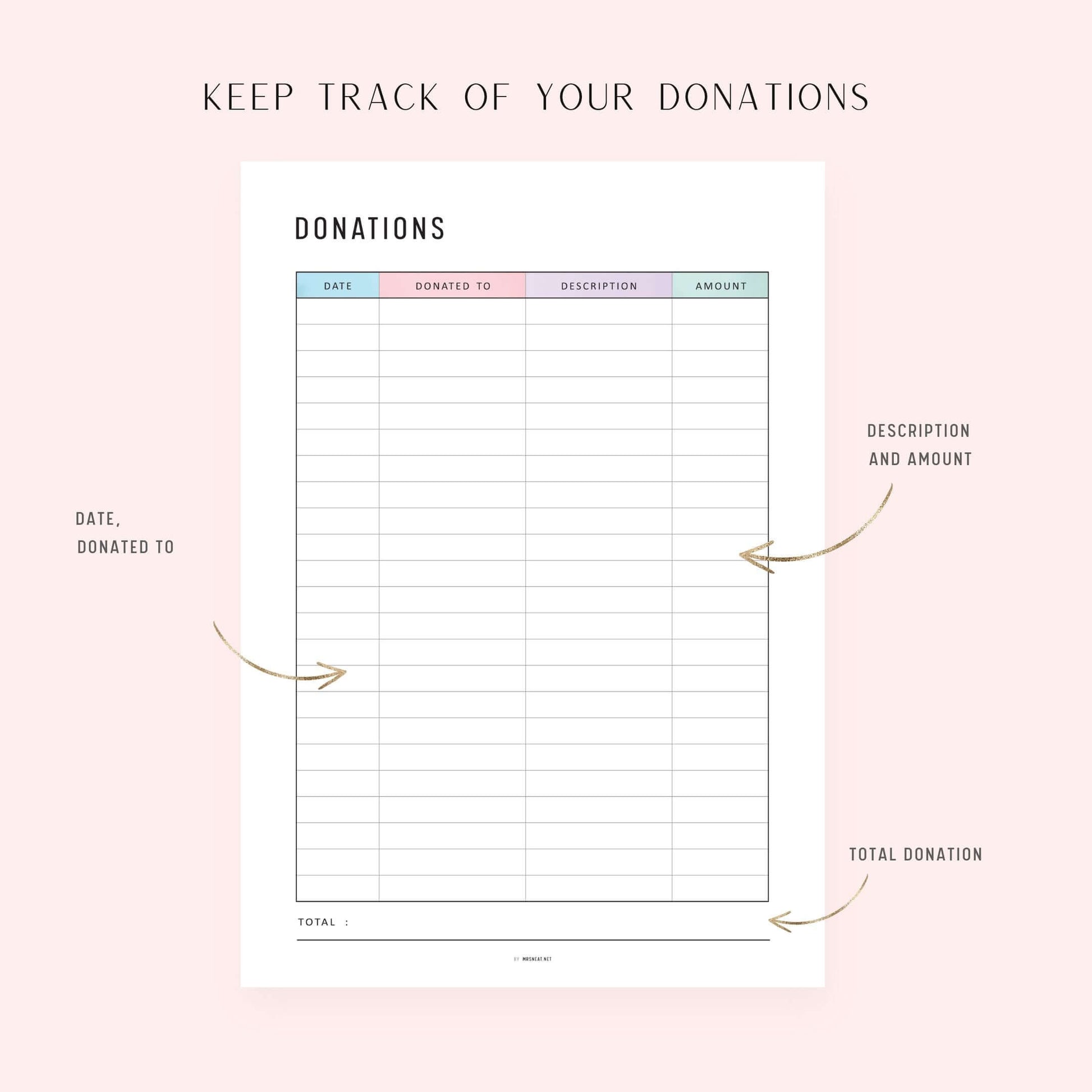 Donation Tracker Template, Printable, A4, A5, Letter, Half Letter, PDF, 2 Colors, Digital Planner