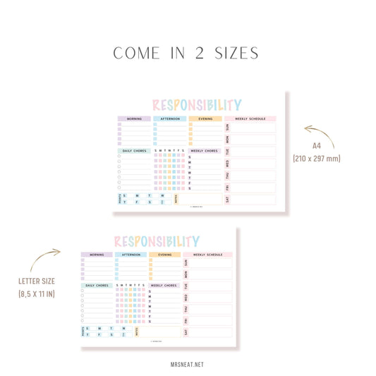 Colorful Kids Responsibility Chore Chart Printable PDF, Landscape, A4, Letter, Colorful, Sunday & Monday start