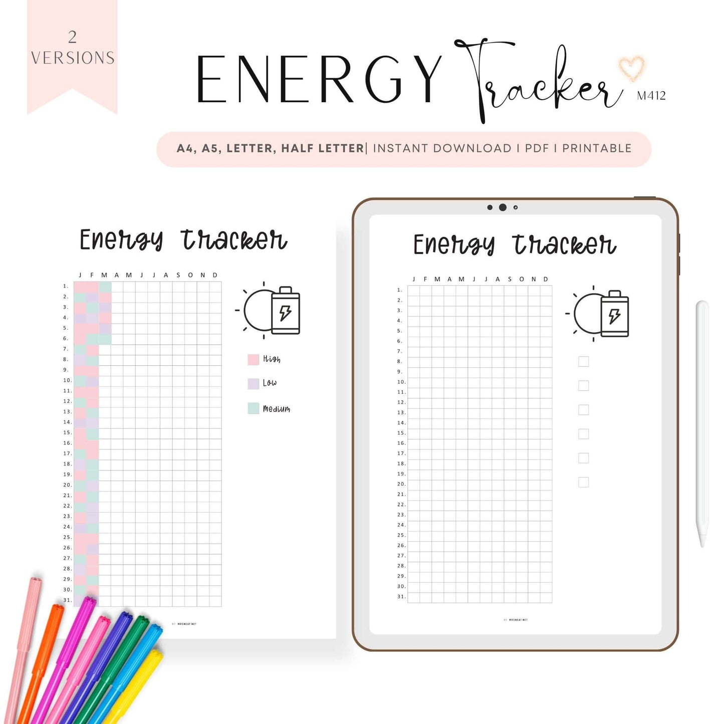Yearly Energy Tracker Template, Energy Level Template PDF, Mood Tracker, Health Journal, Health Log, Health Tracker Template, A4, A5, Letter, Half Letter, PDF, 2 versions