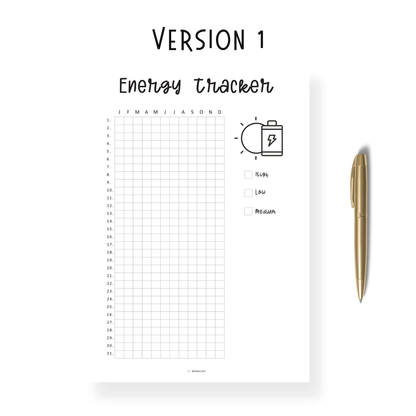 Yearly Energy Tracker Template, Energy Level Template PDF, Mood Tracker, Health Journal, Health Log, Health Tracker Template, A4, A5, Letter, Half Letter, PDF, 2 versions