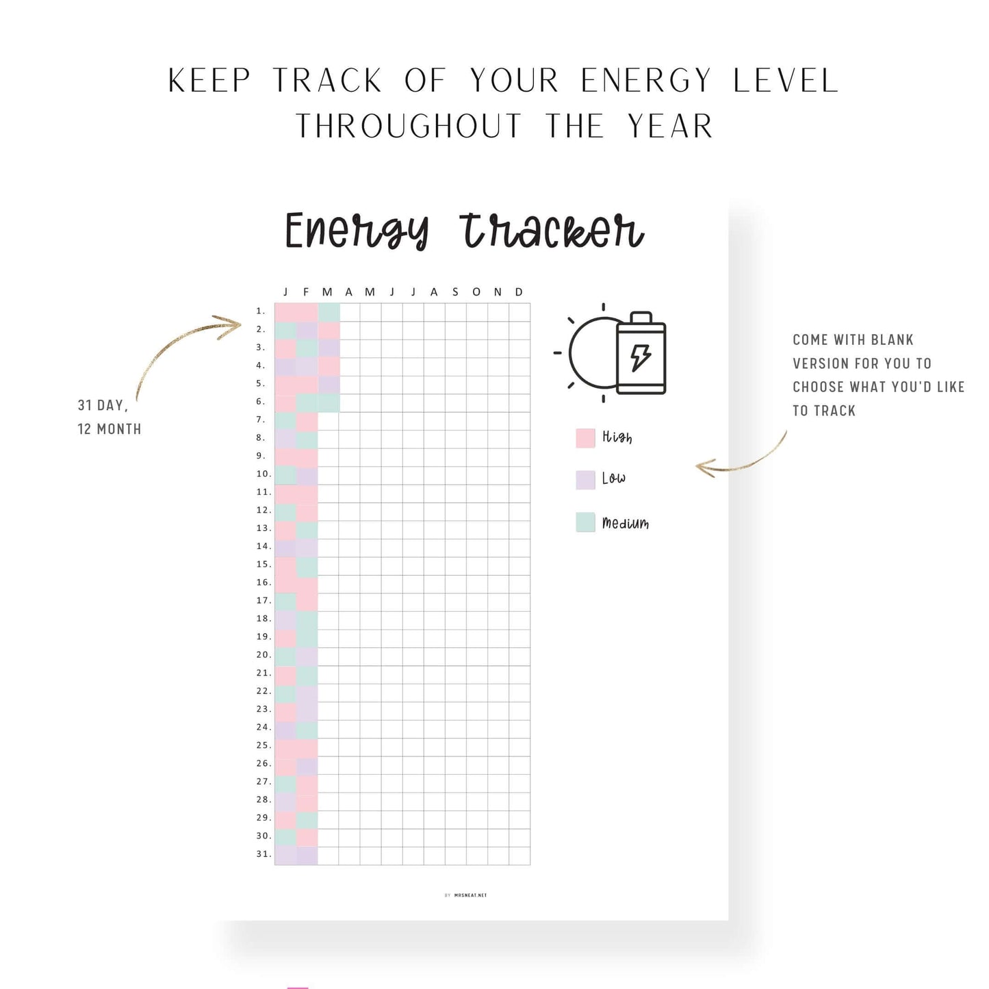 Yearly Energy Tracker Template, Energy Level Template PDF, Mood Tracker, Health Journal, Health Log, Health Tracker Template, A4, A5, Letter, Half Letter, PDF, 2 versions