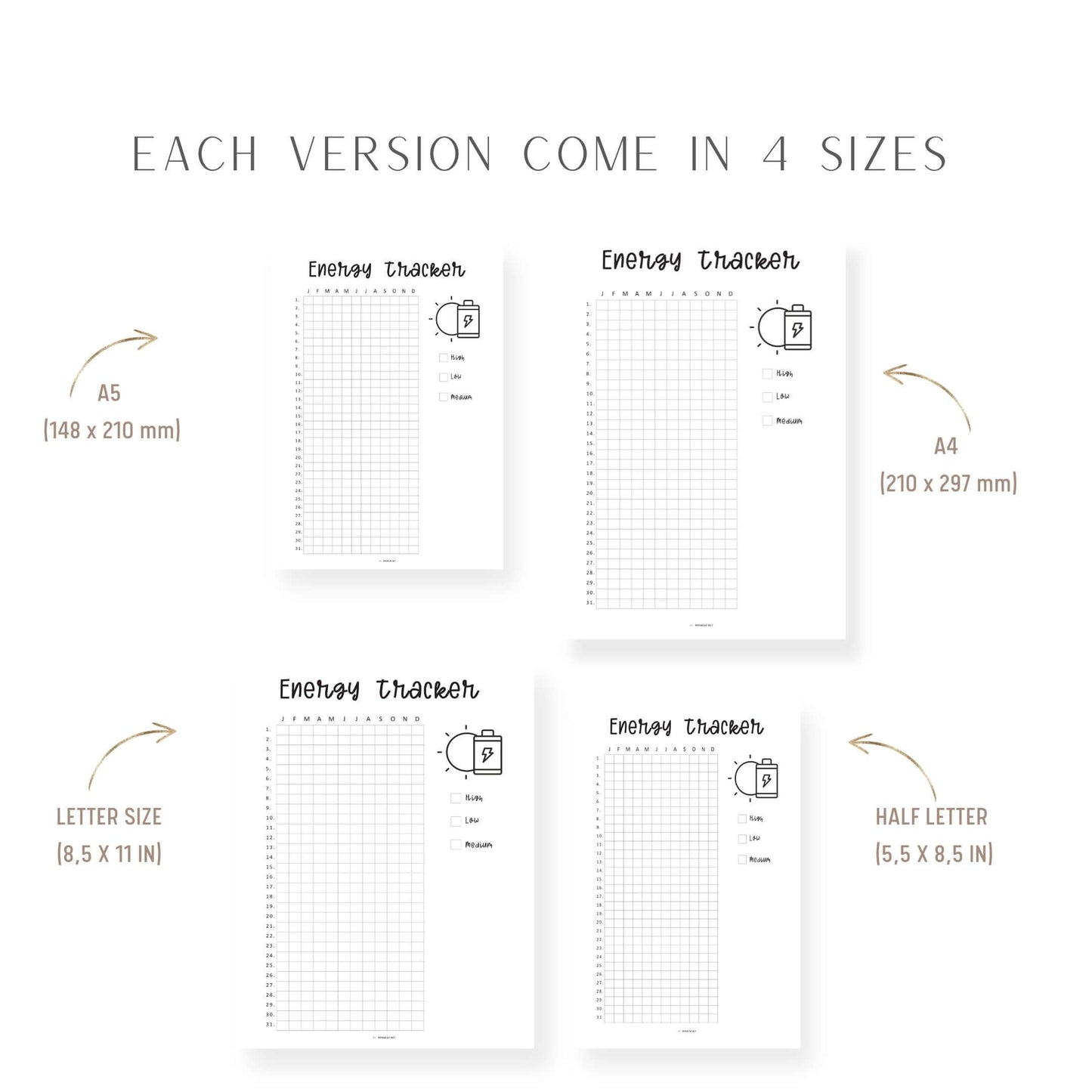 Yearly Energy Tracker Template, Energy Level Template PDF, Mood Tracker, Health Journal, Health Log, Health Tracker Template, A4, A5, Letter, Half Letter, PDF, 2 versions