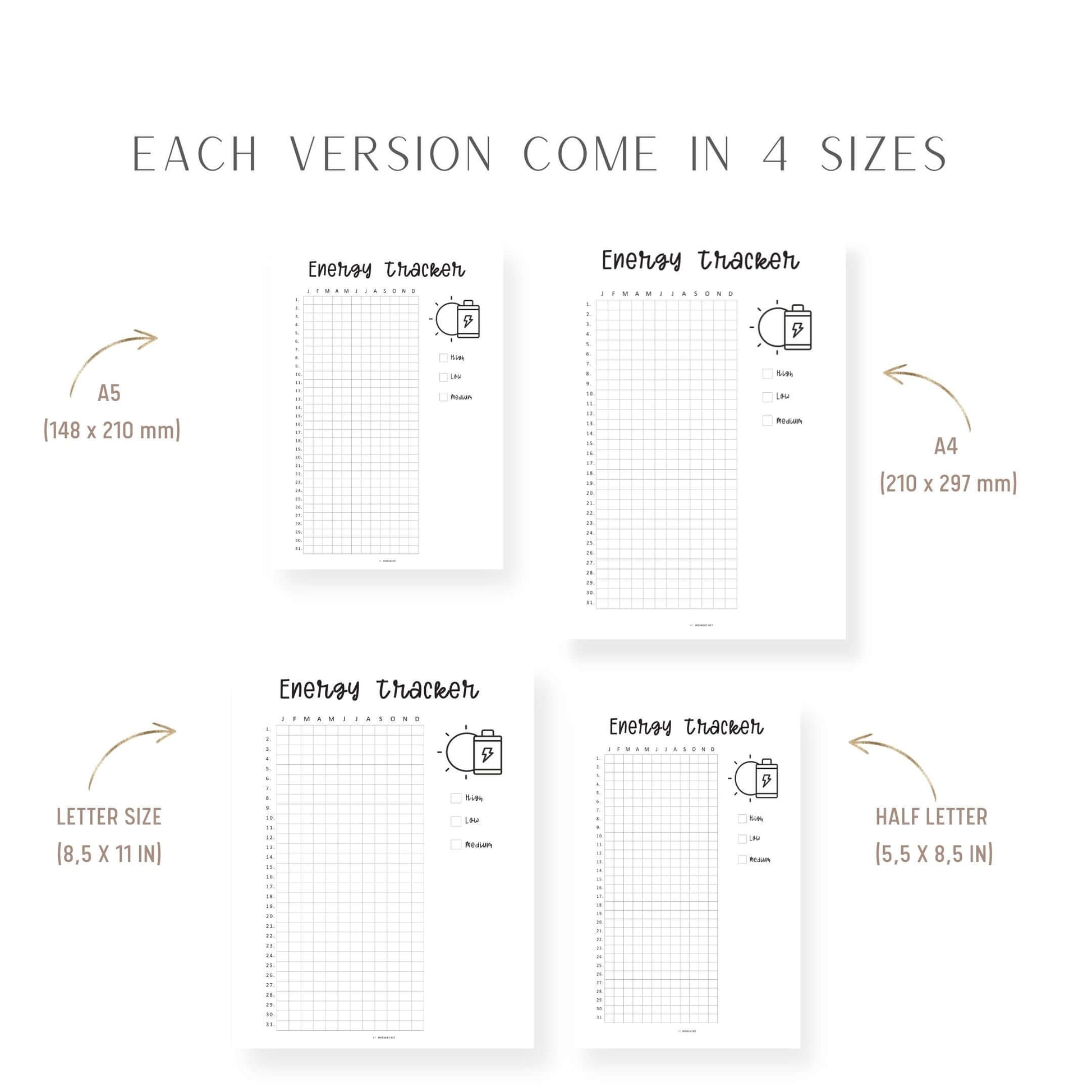Yearly Energy Tracker Template, Energy Level Template PDF, Mood Tracker, Health Journal, Health Log, Health Tracker Template, A4, A5, Letter, Half Letter, PDF, 2 versions