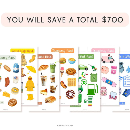 Everyday Essential Savers Savings Challenge, A6, Printable, Colorful, Cute, 7 challenges, Total Save 700, Budget Tracker, Savings Tracker, Cash Stuffing, Tiny Mini Savings Challenge, Kawaii Savings Challenge, Low Income Savings Challenge, Low income budget tracker, Printable, Digital Download, 2 currency versions, EURO USD