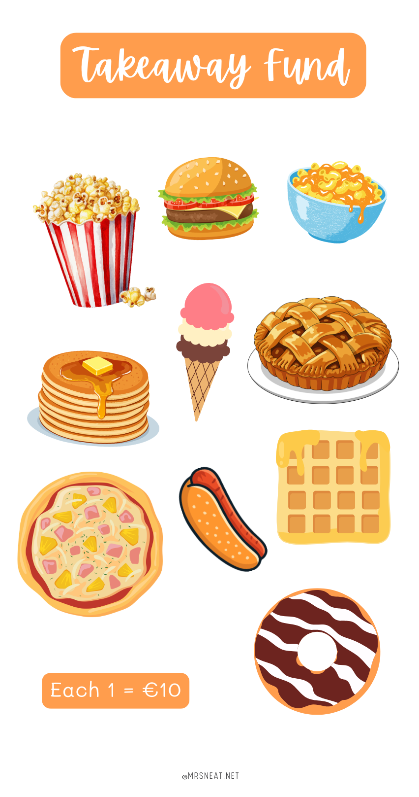 Illustrations of various food items with a 'Takeaway Fund' label and pricing information.