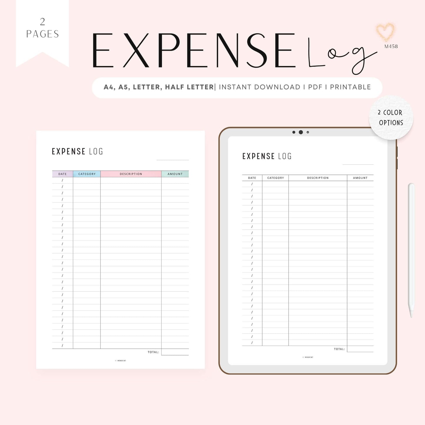 Expense Log Template, Printable, A4, A5, Letter, Half Letter, PDF, Digital Planner, 2 Colors, Instant Download