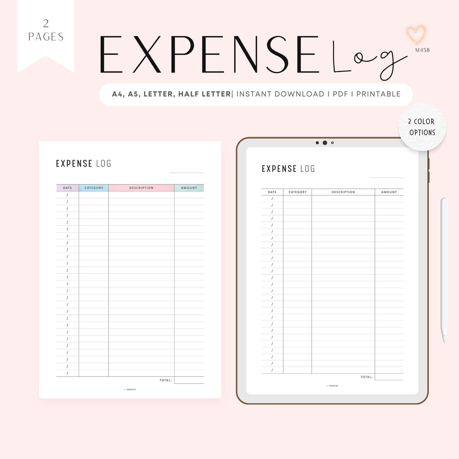 Expense Log Template, Printable, A4, A5, Letter, Half Letter, PDF, Digital Planner, 2 Colors, Instant Download