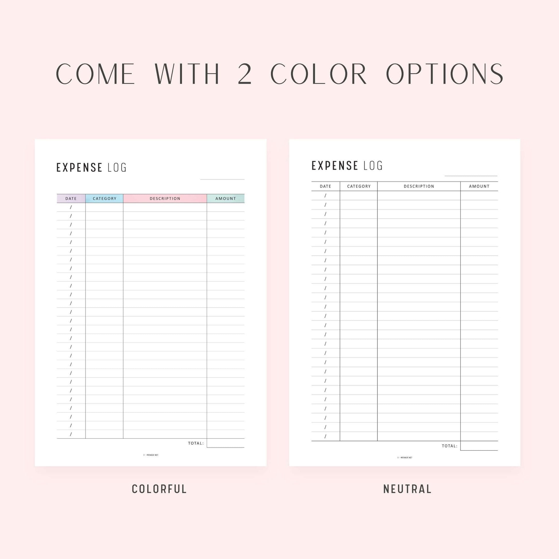 Expense Log Template, Printable, A4, A5, Letter, Half Letter, PDF, Digital Planner, 2 Colors, Instant Download