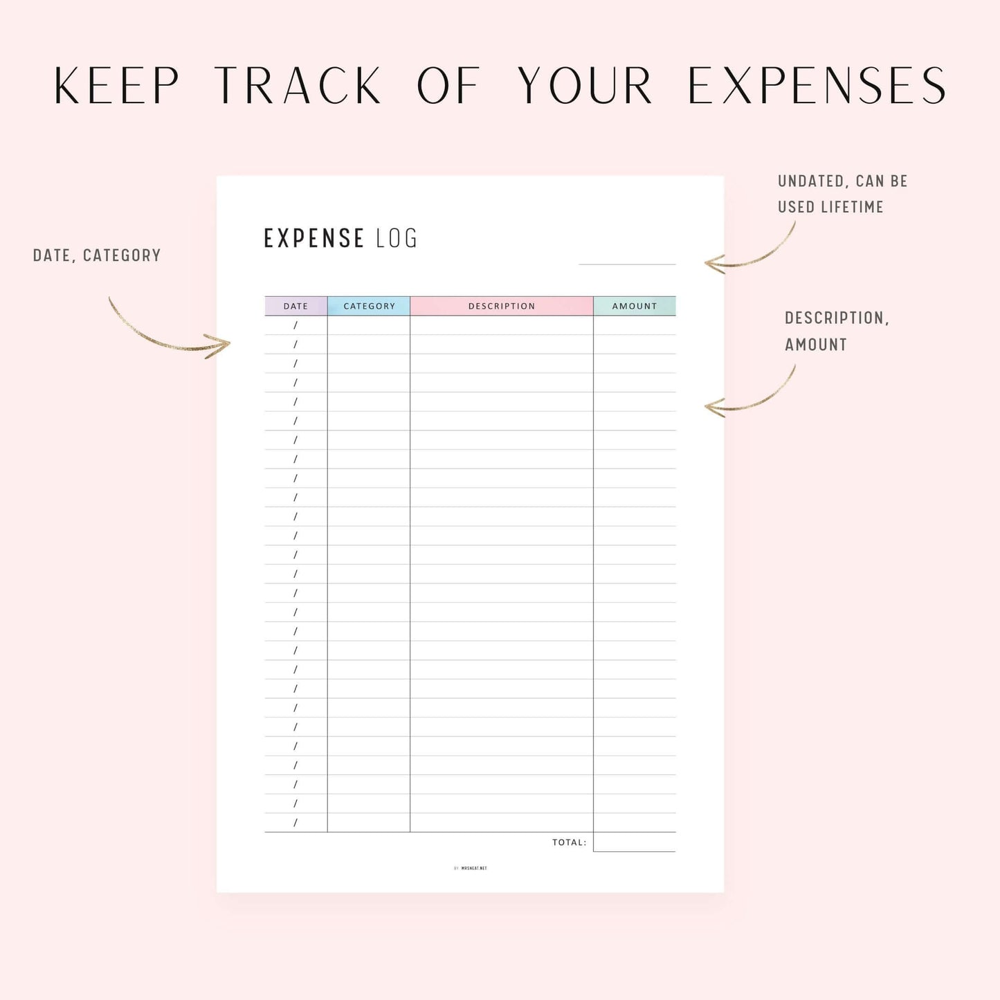 Expense Log Template, Printable, A4, A5, Letter, Half Letter, PDF, Digital Planner, 2 Colors, Instant Download