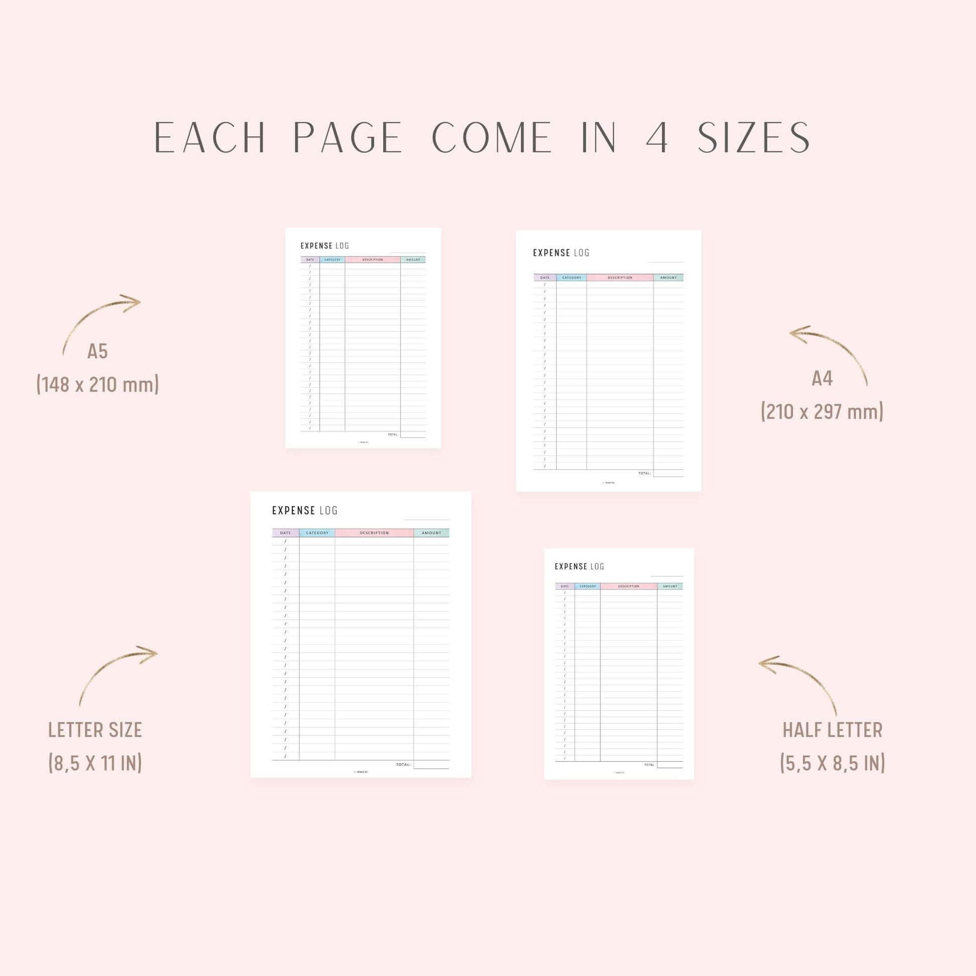 Expense Log Template, Printable, A4, A5, Letter, Half Letter, PDF, Digital Planner, 2 Colors, Instant Download