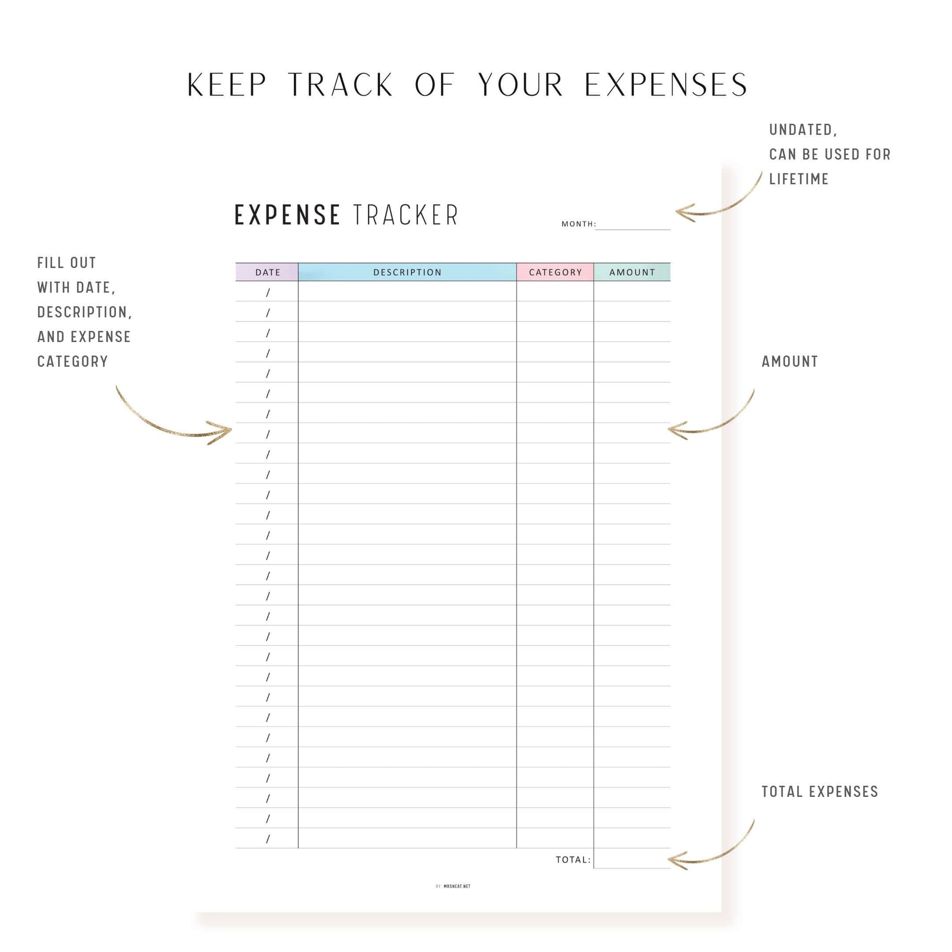 Expense Tracker Printable, Colorful and Minimalist, A4, A5, Letter, Half Letter, Digital Planner