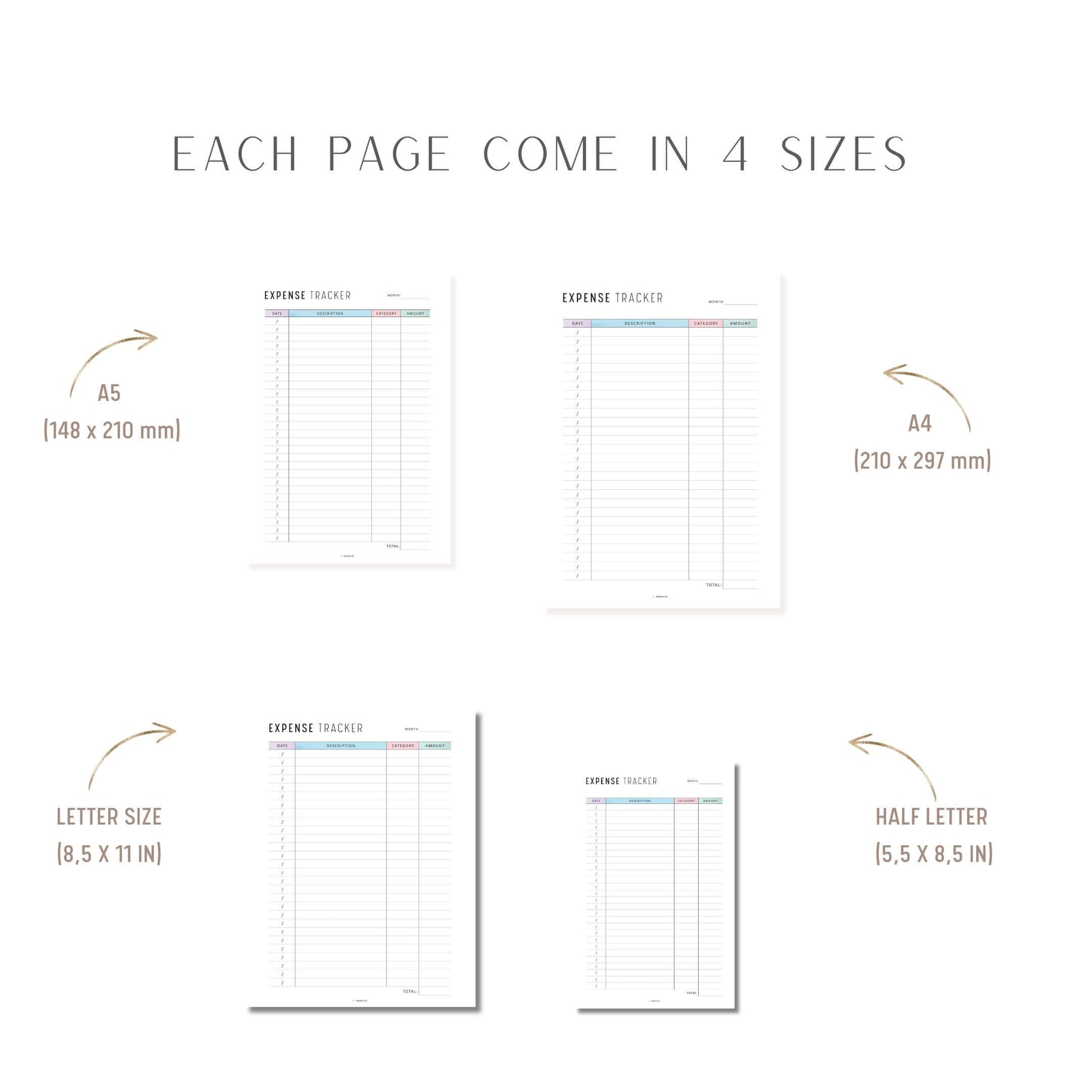 Expense Tracker Printable, Colorful and Minimalist, A4, A5, Letter, Half Letter, Digital Planner