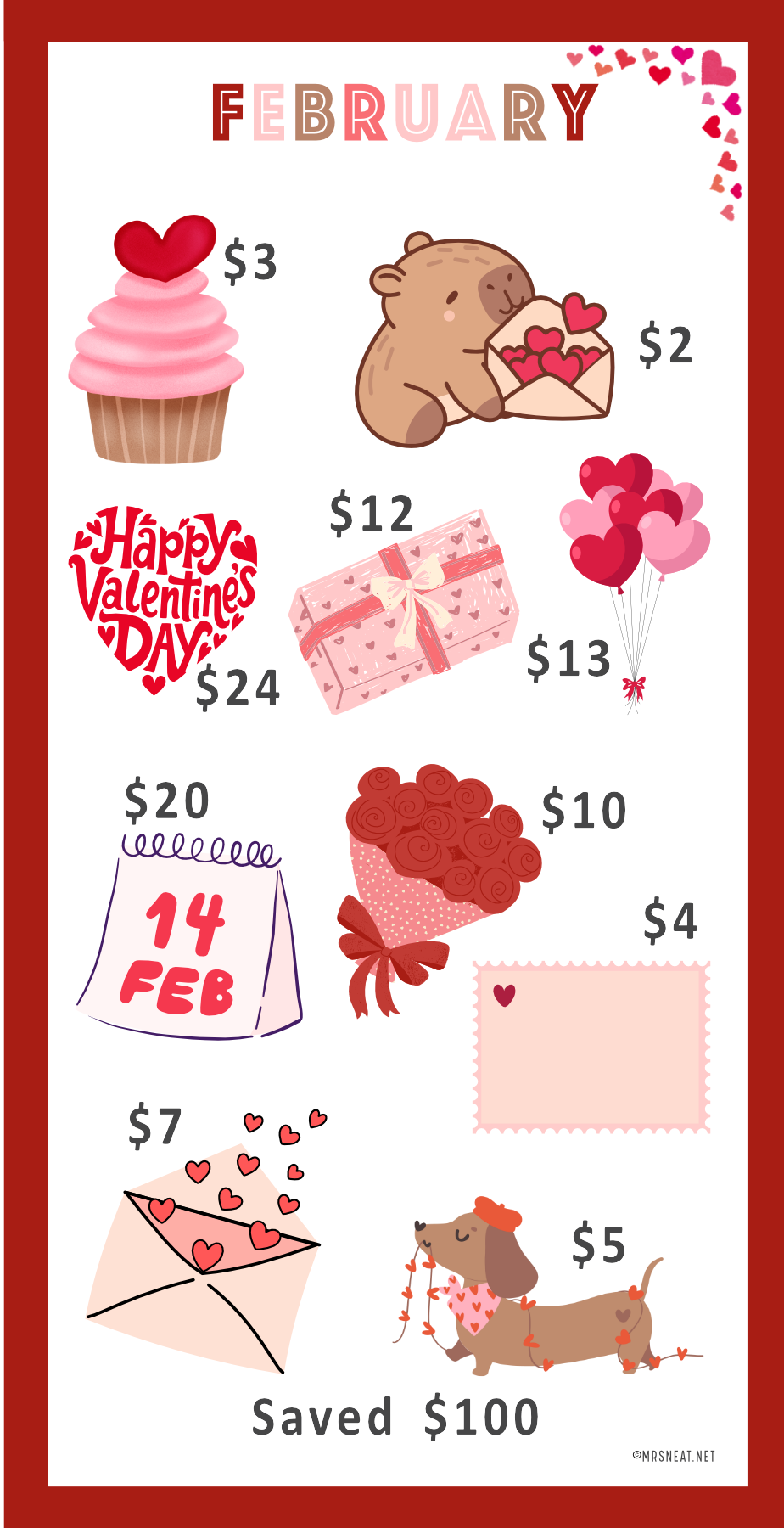 Valentine's Day-themed price list with cartoon illustrations and text on a red border.