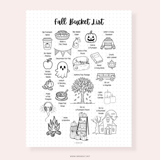 Fall bucket list printable featuring cozy autumn activities and illustrations