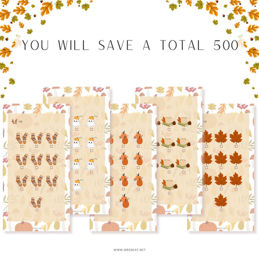 Set of four patterned towels with autumn designs on a white background with leaf decorations.