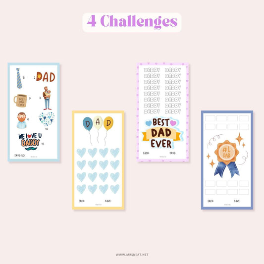 4 Super CUTE Father Day Fund Savings Challenge Printable come in A6 size for cash stuffing, budget binder, fit for low income saving budget