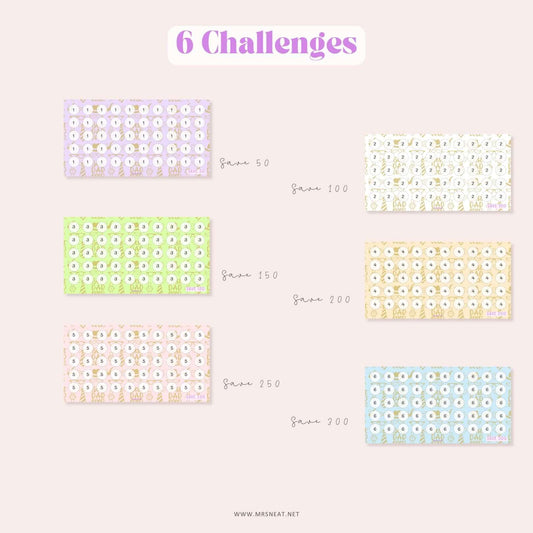 Father Day Fund Savings Challenge, A6, Printable, Colorful, Cute, 6 Challenges, Gift for Daddy, Gift for Father, Budget Tracker, Savings Tracker, Cash Stuffing, Tiny Mini Savings Challenge
