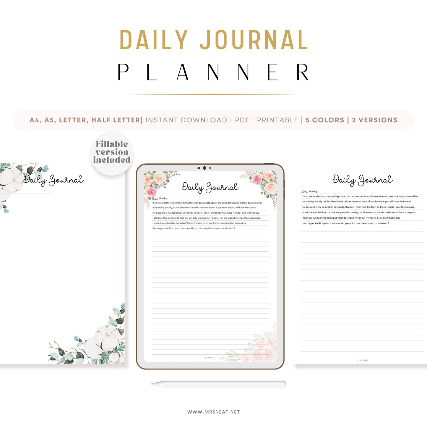 Fillable Daily Journal, PRINTABLE Journal Page, Printable Planner Page, Daily Diary Page, Diary Journal, Printable Diary, Daily Reflection Note, 2 Versions (Lined and Unlined), 5 Colors, Floral Theme, A4, A5, Letter, Half Letter, PDF Fillable, Digital Planner