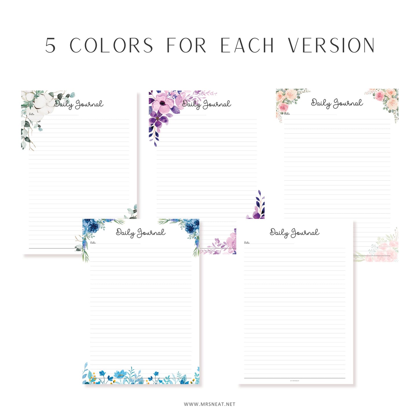 Fillable Daily Journal, PRINTABLE Journal Page, Printable Planner Page, Daily Diary Page, Diary Journal, Printable Diary, Daily Reflection Note, 2 Versions (Lined and Unlined), 5 Colors, Floral Theme, A4, A5, Letter, Half Letter, PDF Fillable, Digital Planner