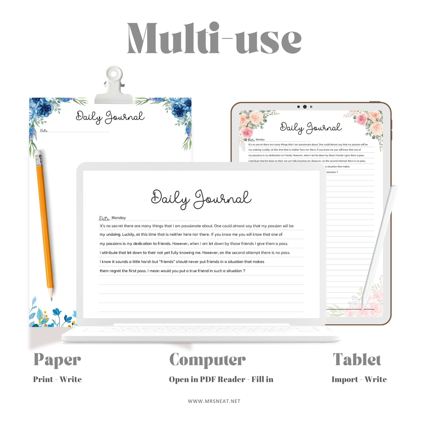Fillable Daily Journal, PRINTABLE Journal Page, Printable Planner Page, Daily Diary Page, Diary Journal, Printable Diary, Daily Reflection Note, 2 Versions (Lined and Unlined), 5 Colors, Floral Theme, A4, A5, Letter, Half Letter, PDF Fillable, Digital Planner