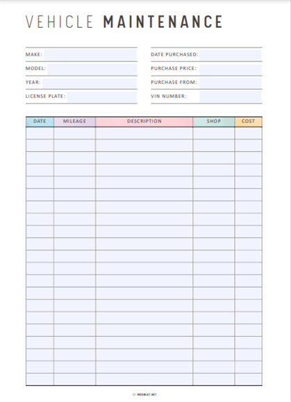 Vehicle maintenance log sheet with columns for make, model, year, license plate, and other details.