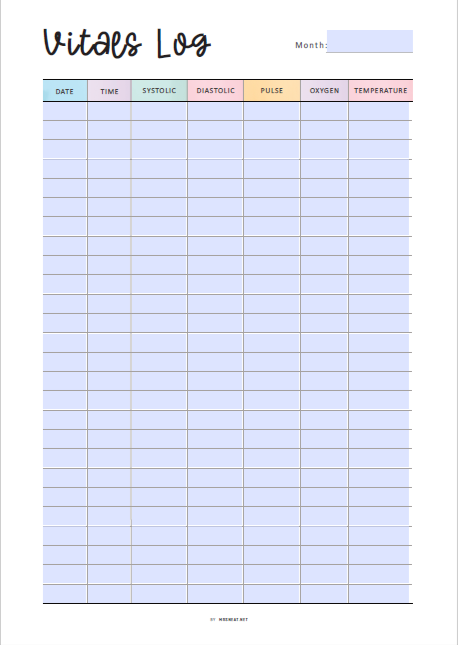 Vitals Log sheet with columns for date, time, systolic, diastolic, pulse, oxygen, and temperature on a light blue background.
