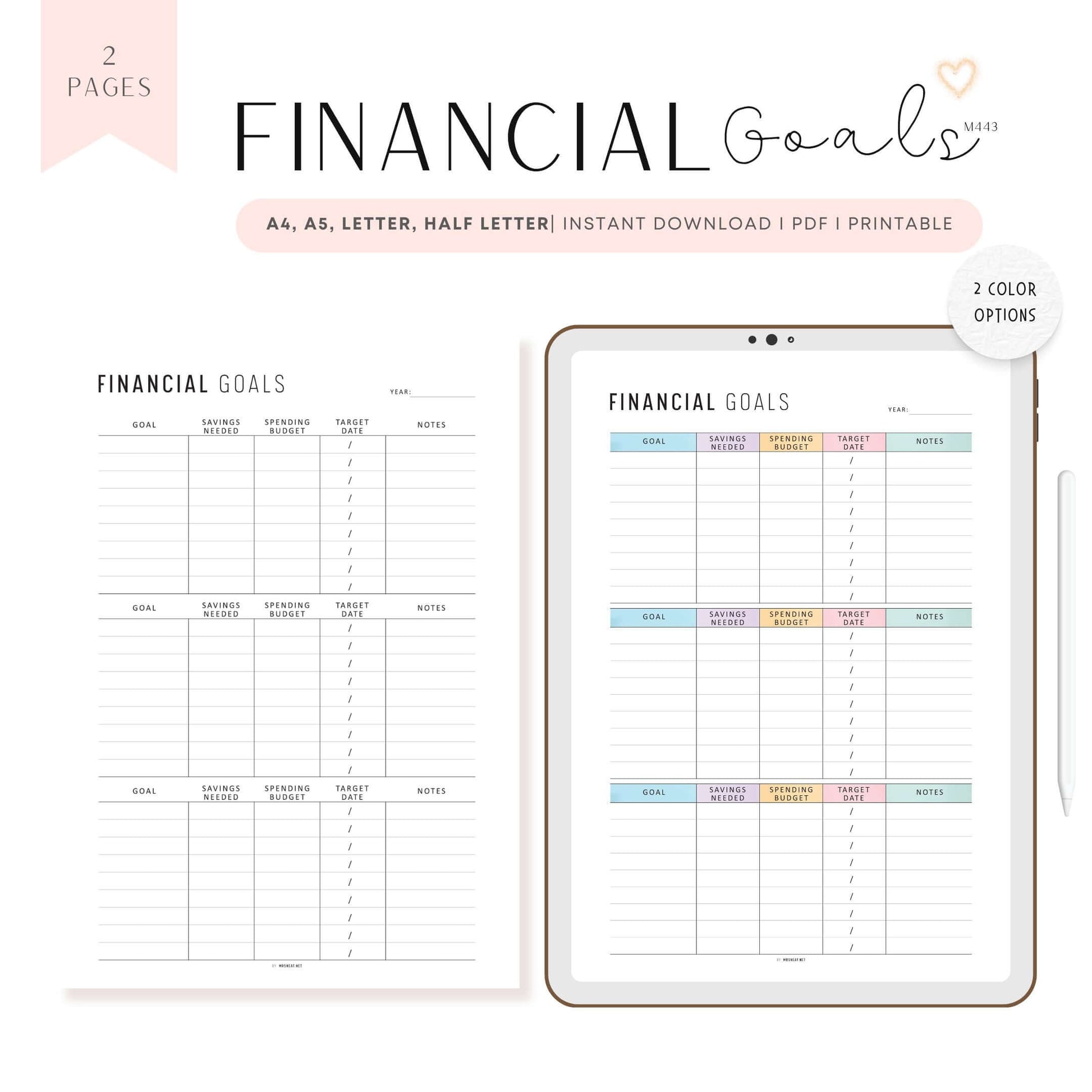 Financial Goals Printable, A4, A5, Letter, Half Letter, Minimalist and Colorful Page