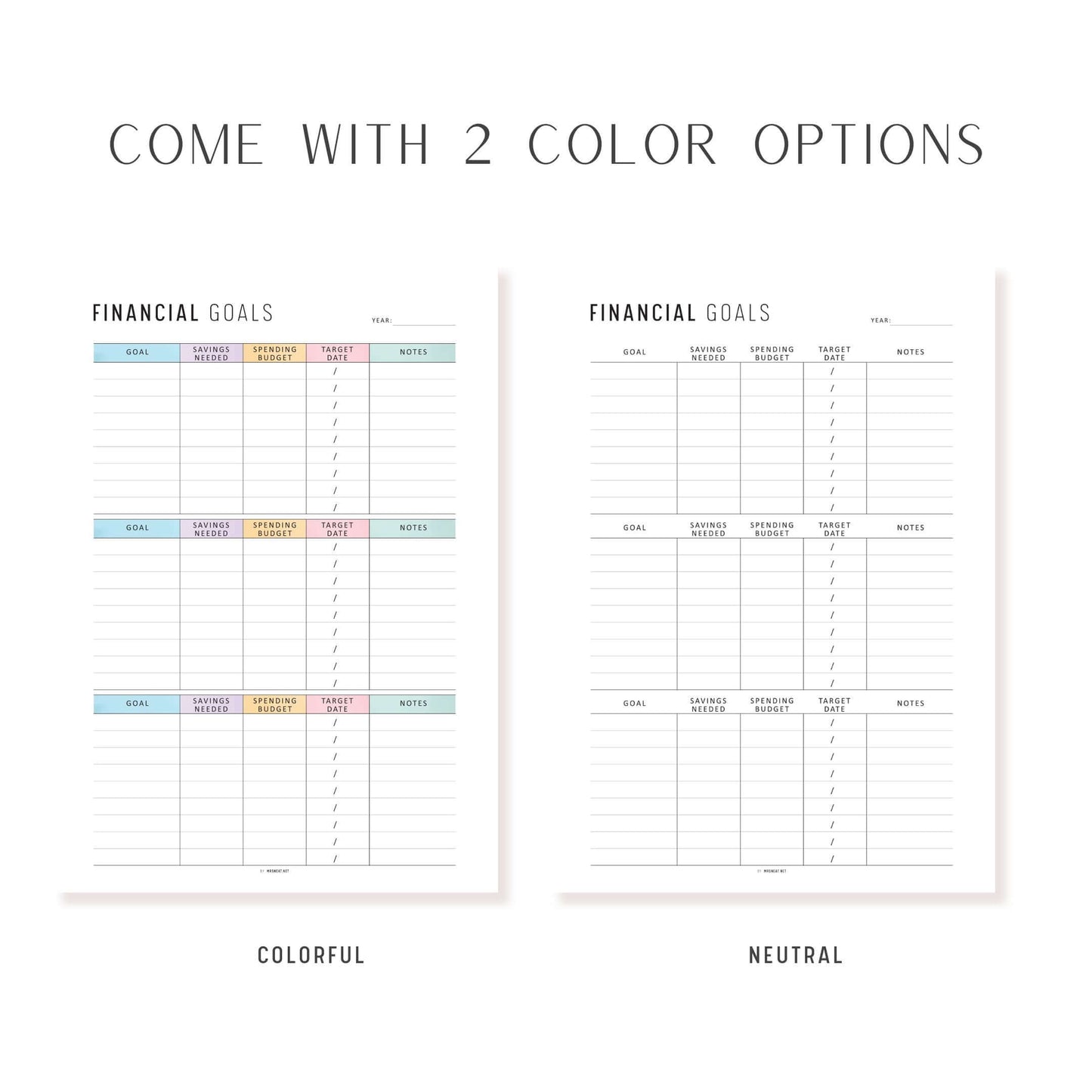 Financial Goals Printable, A4, A5, Letter, Half Letter, Minimalist and Colorful Page