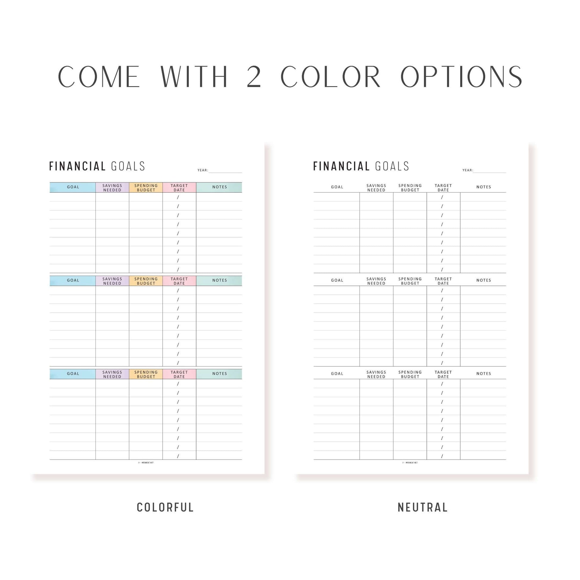 Financial Goals Printable, A4, A5, Letter, Half Letter, Minimalist and Colorful Page