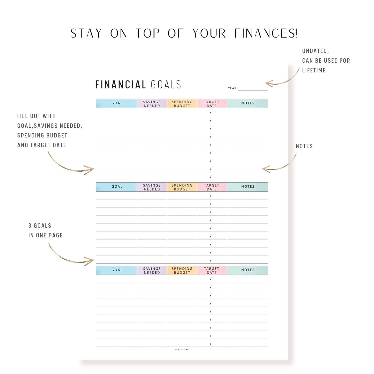 Financial Goals Printable, A4, A5, Letter, Half Letter, Minimalist and Colorful Page