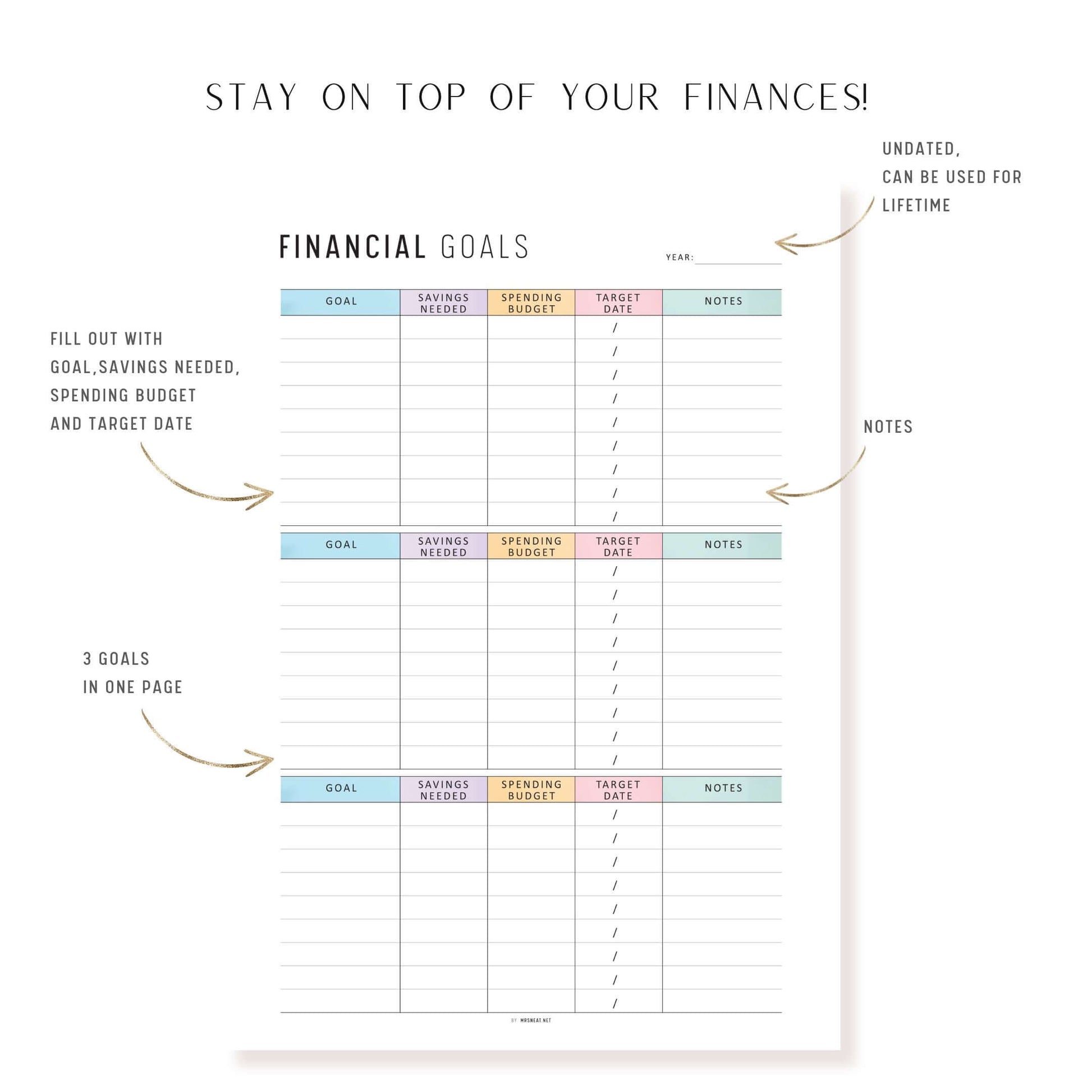 Financial Goals Printable, A4, A5, Letter, Half Letter, Minimalist and Colorful Page