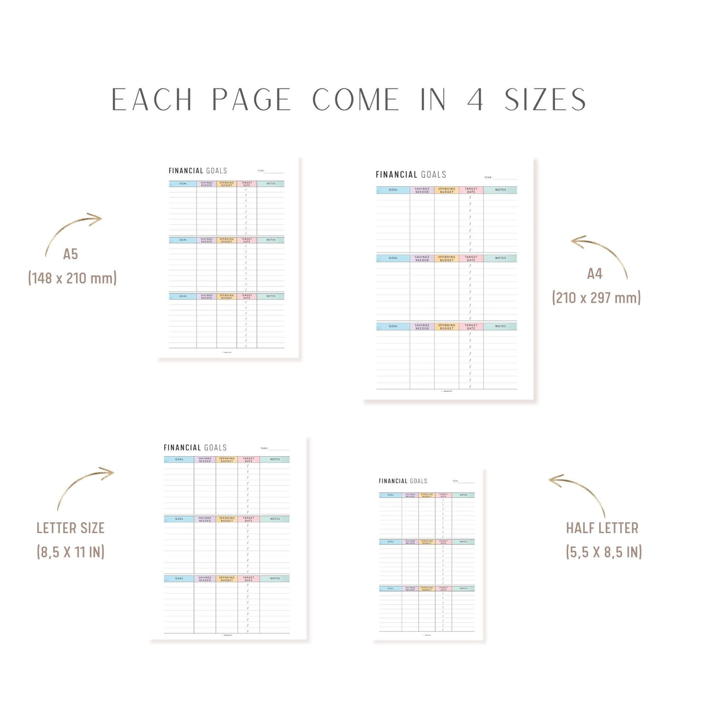 Financial Goals Printable, A4, A5, Letter, Half Letter, Minimalist and Colorful Page