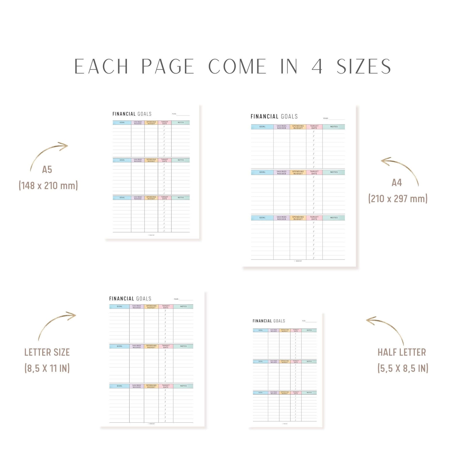 Financial Goals Printable, A4, A5, Letter, Half Letter, Minimalist and Colorful Page