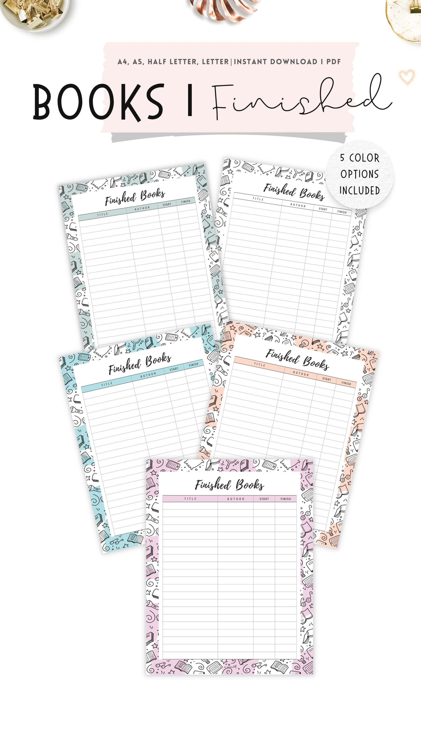 Books I Finished Template Printable, 5 colors ; Peach, Pink, Blue, Green, Neutral, 4 sizes ; A4, A5, Letter, Half Letter, Digital Planner