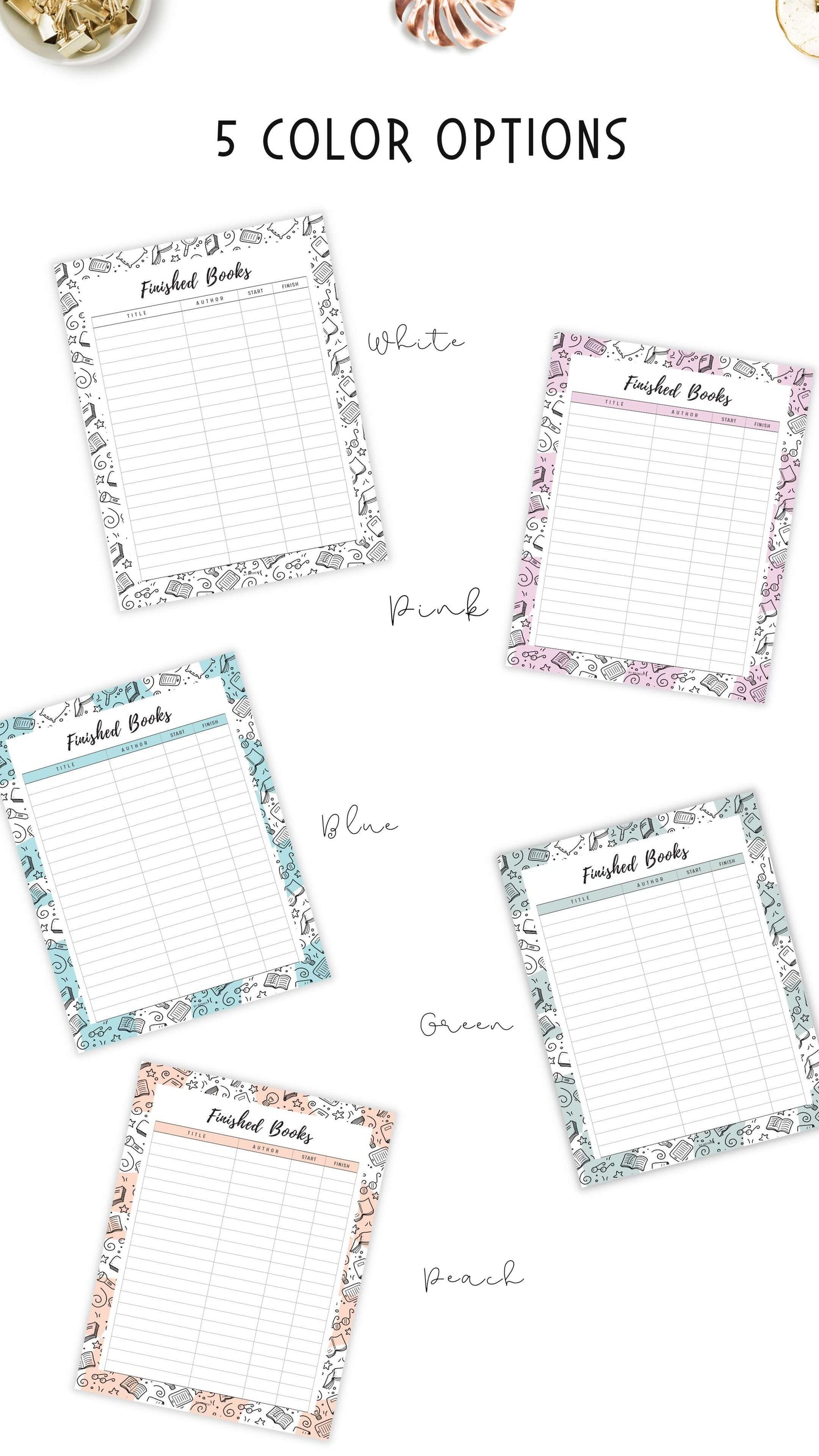 Books I Finished Template Printable, 5 colors ; Peach, Pink, Blue, Green, Neutral, 4 sizes ; A4, A5, Letter, Half Letter, Digital Planner