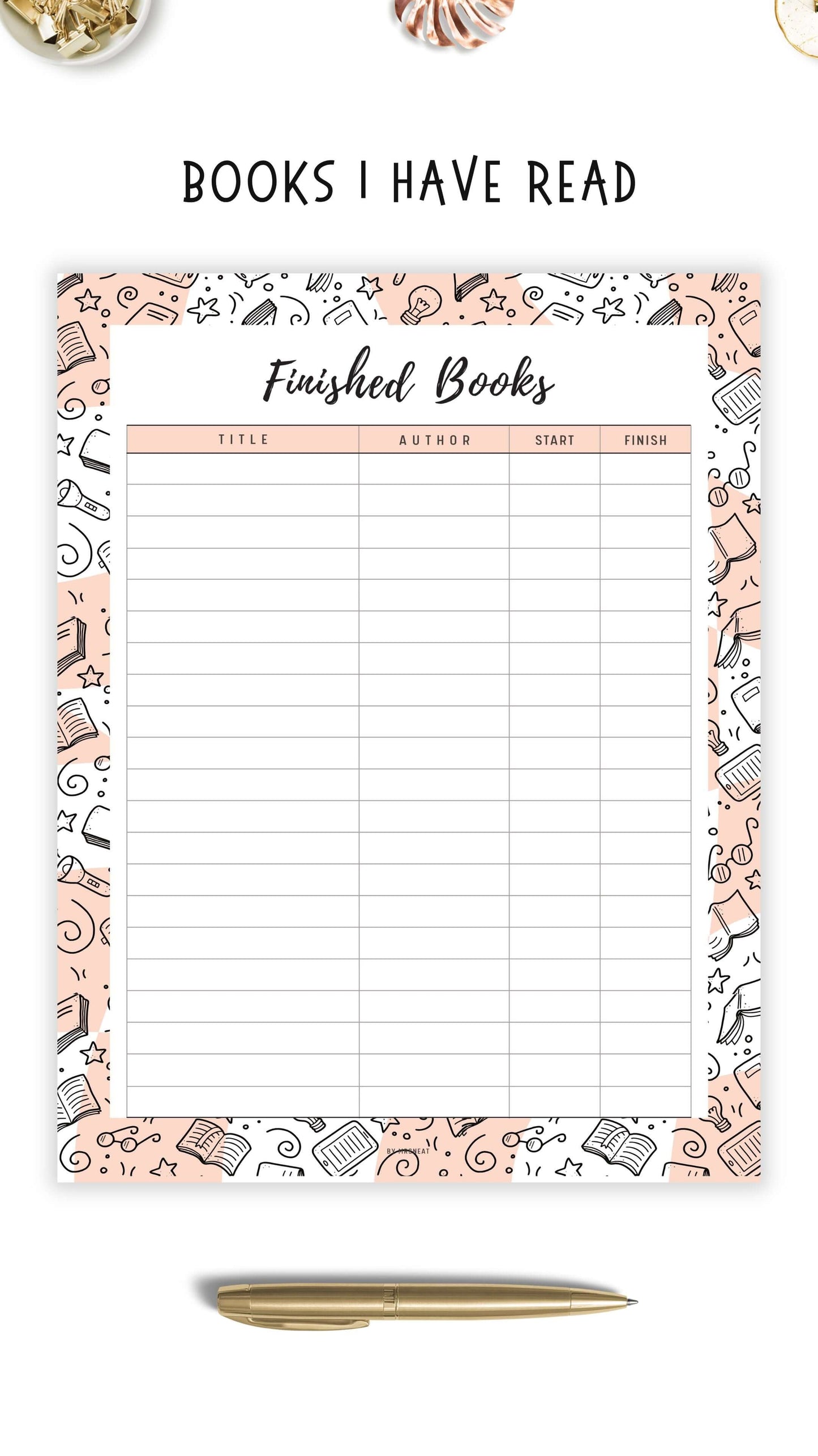 Books I Finished Template Printable, 5 colors ; Peach, Pink, Blue, Green, Neutral, 4 sizes ; A4, A5, Letter, Half Letter, Digital Planner